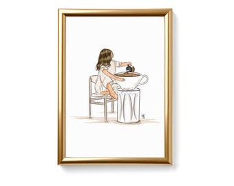 May include: A woman in a white dress sits on a chair and pours coffee from a small pot into a large white cup. The cup is on a small table.