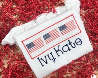 Patriotic Shirt | 4th of July Outfit | American Flag Faux Smocked Shirt for Girls | Red White and Blue | Personalized Embroidered Shirt