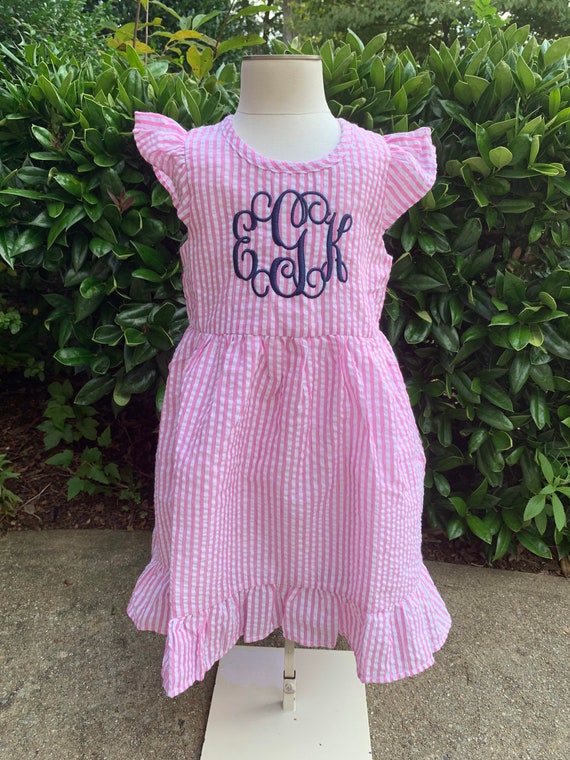 Monogrammed Girls Pink Seersucker Ruffle Dress Personalized | Etsy