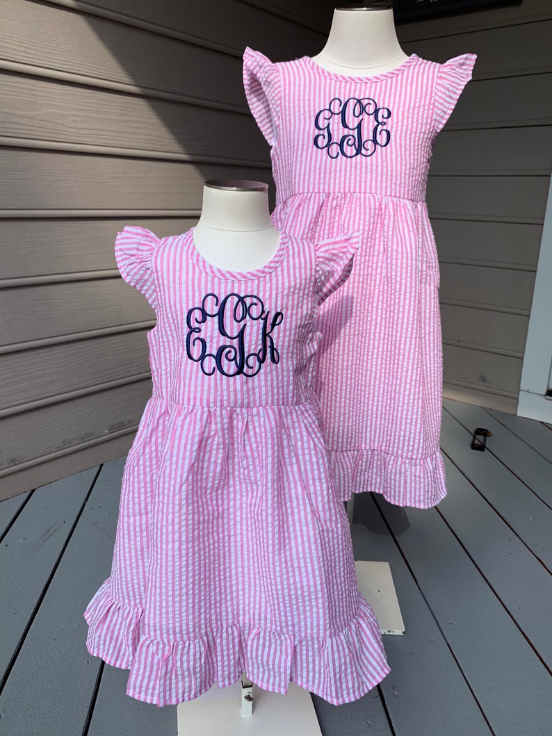 Monogrammed Girls Pink Seersucker Ruffle Dress Personalized - Etsy