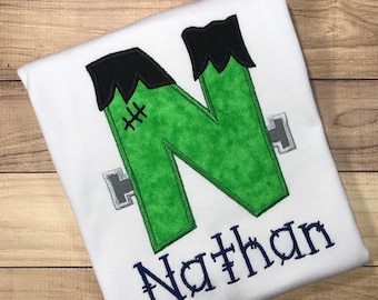 Frankenstein Alphabet Appliqué Halloween Personalized Embroidered Shirt