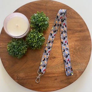 Sushi Fabric Lanyard, Grey, Asian Inspired, Food, Snacks, Key Fob, Keychain, Wristlet, ID Badge Holder, Teacher Gift, Breakaway