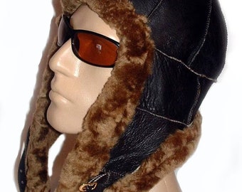 Warm Handmade Sheepskin Shearling Real Leather Fur Aviator Hat Unisex by Katz Leather - Canada