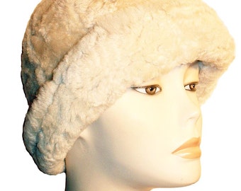 NEW White Vintage Retro Round Sheepskin Shearling Fur Hat Real KATZ Leather warm