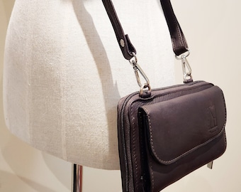 Leather Crossbody Wallet Purse Dark Brown, Phone Shoulder Bag by Katz Leather - Canada