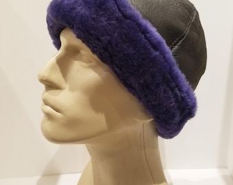 Unisex Black Leather Sheepskin Hat: Purple Wool Shearling Fur Winter Hat