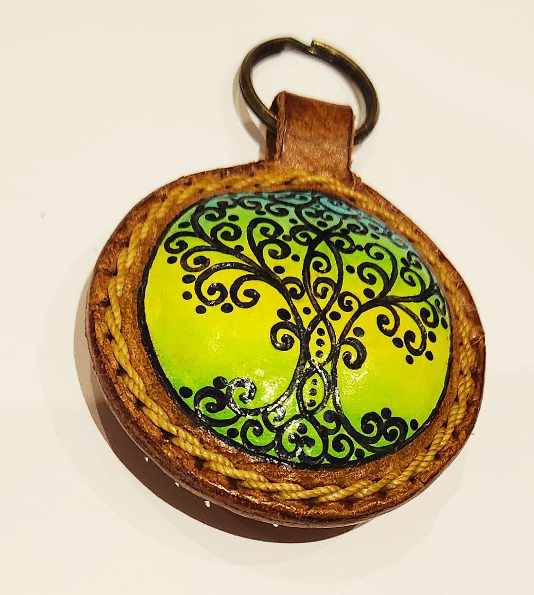 Mandalas Key Chain Hand Painted and Hand Stitched Leather Bag Charm, Leather Key Fob, Charm Art