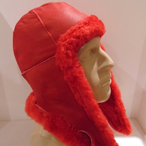 Warm Handmade Red Sheepskin Shearling Real Leather Fur Aviator Hat Unisex by Katz Leather - Canada