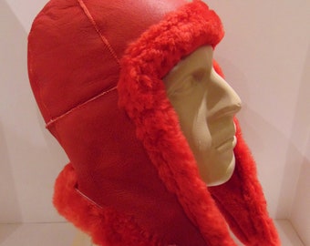 Warm Handmade Red Sheepskin Shearling Real Leather Fur Aviator Hat Unisex by Katz Leather - Canada