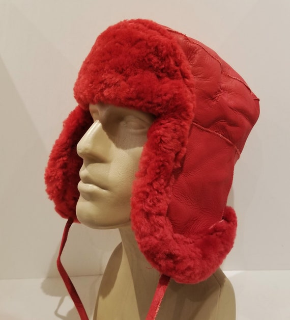 NEW Red Warm Hat Handmade Sheepskin Shearling Real Leather Fur Aviator Hat  Men Women Unisex Sheepskin Russian Trapper Bomber Pilot Aviator 