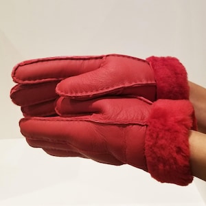 Warm Red Sheepskin Shearling Gloves Handmade size S-M for women by Katz Leather