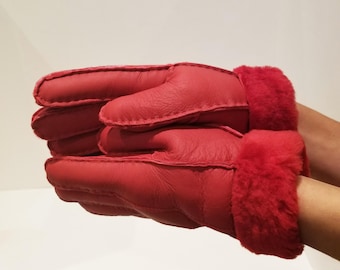 Gants en peau de mouton retournée rouge chaud faits à la main pour femme par Katz Leather taille S-M-L