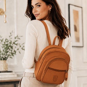 Small Leather Backpack Purse: Tan Rucksack with Purple Accents