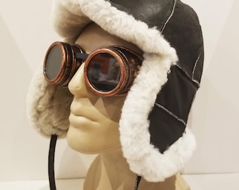 Chapéu de aviador artesanal em pele de carneiro: estilo caçador/bombeiro em couro e pele.