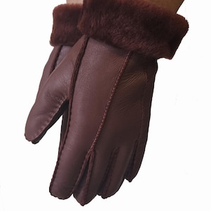 Katz Leather の暖かいボルドー バーガンディ シープスキン シアリング グローブ ハンドメイド サイズ L 女性用