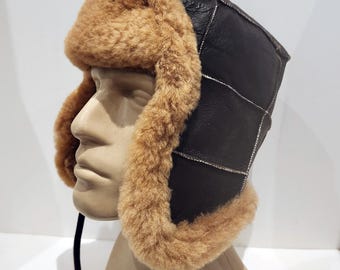NEW! Warm Handmade Sheepskin Shearling HAT Real Leather Fur Aviator Hat Men Women Unisex Sheepskin Russian Trapper Bomber Pilot Aviator Hat