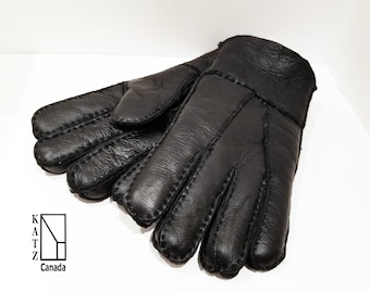 Warm Black Sheepskin Shearling Gloves for Men by Katz Leather Canada - Sizes S M L XL Men