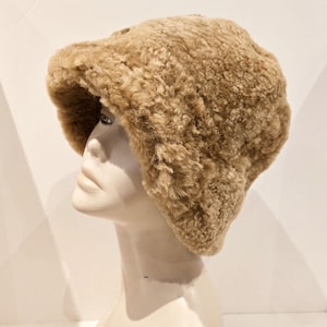 NEW Brown Sheepskin Bucket Hat Vintage Retro Shearling Fur Hat Real KATZ Leather warm winter hat