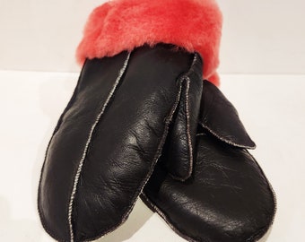 Handmade Sheepskin Shearling Mittens with Wool Cuff