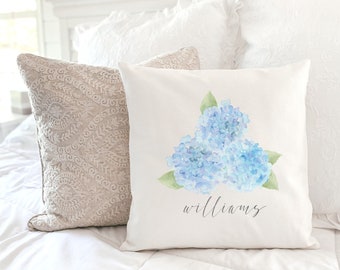 HYDRANGEA Personalized Last Name Pillow * Wedding Gift * Blue Hydrangea Decor * Hydrangea Spring Home Decor * Spring Pillow * Custom Wedding