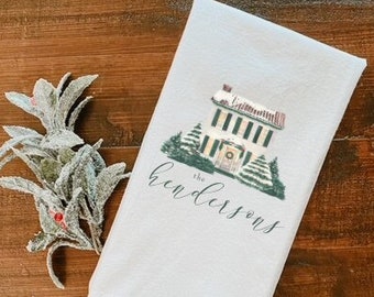 PERSONALIZED Christmas Tea Towel * Christmas Flour Sack Towel * Cozy Christmas Decor * Christmas Cottage * Christmas Housewarming Gift