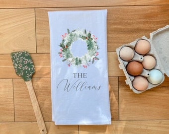 PERSONALIZED Christmas Wreath Tea Towel * Christmas Custom Gift Flour Sack Towel * Watercolor Wreath Decorative Towel * Holiday Housewarming