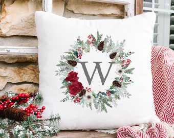 Christmas Wreath Last Name Initial Pillow * Personalized Last Name Christmas Gift * Winter Wreath Greenery Decor * Winter Berry Decor