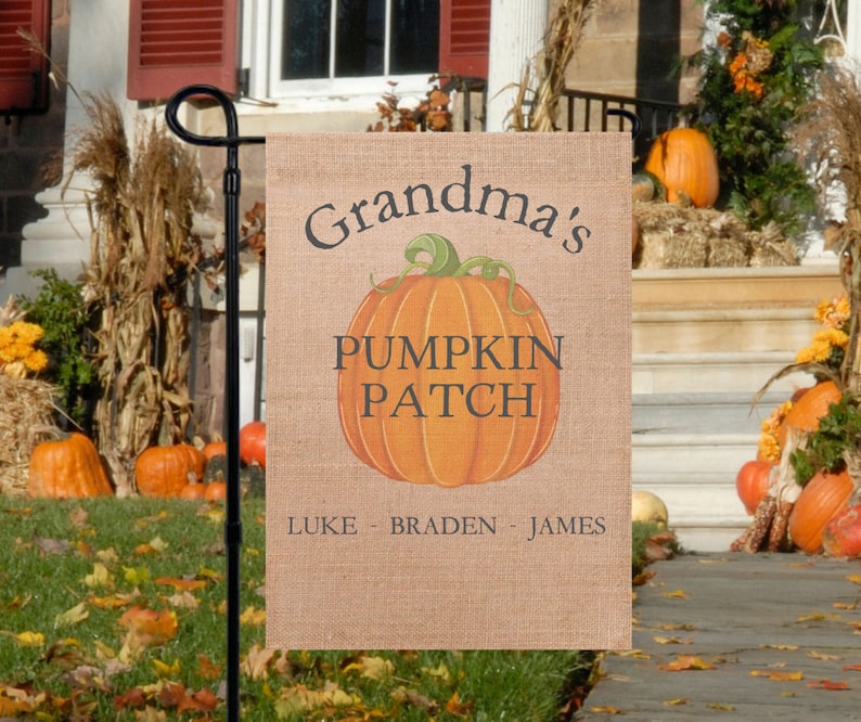 CUSTOM Pumpkin Patch Garden Flag Grandma's Pumpkin Patch Gift for Mom Gift for Grandmom Fall Porch Decor Fall Garden Decor image 1