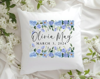 Floral Nursery Pillow * Blue Hydrangea Decor * Baby Name Gift Birth Stat Pillow * Nursery Decorative Pillow * Personalized Baby Gift