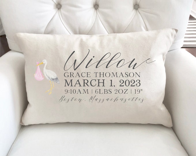 Featured listing image: STORK Birth Announcement Pillow, Nursery Decor, Baby Shower Gift, Birth Stats, Baby Name, Baby Gift, New Baby, Baby Boy Gift, Baby Girl Gift