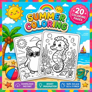 May include: A digital coloring book cover titled Summer Coloring with 20 coloring pages. It features a beach scene with a palm tree, sun, and ocean. Two white pages show line art of a penguin with sunglasses and a seahorse with coral.