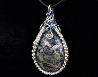 Sterling Silver Grey Stone Wire Wrapped Pendant Necklace