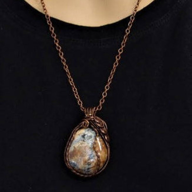 Blue Jasper Stone Wire Wrapped Pendant Necklace