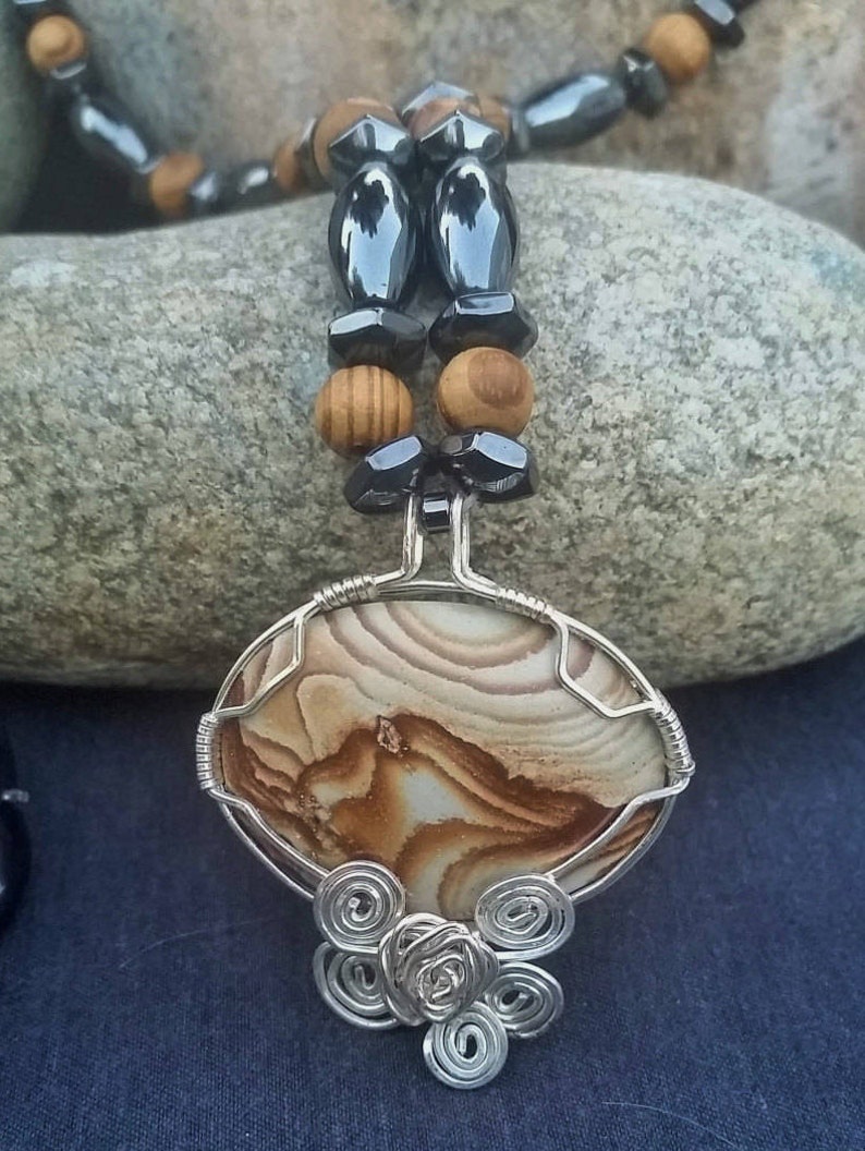 Picture Jasper Pendant Therapeutic* Magnetic Hematite Wire Wrapped Jewelry Set
