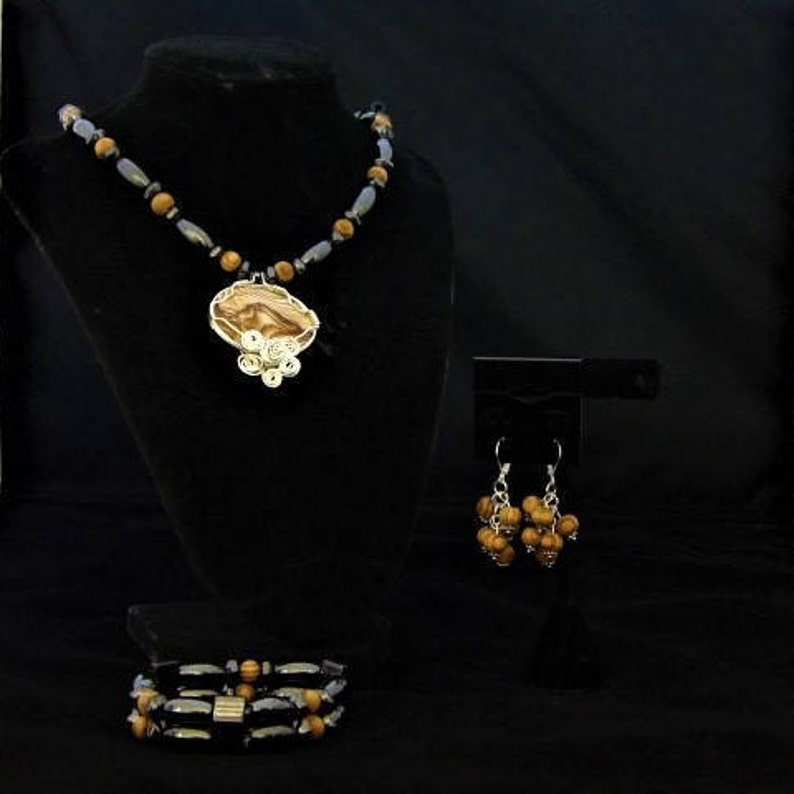 Picture Jasper Pendant Therapeutic* Magnetic Hematite Wire Wrapped Jewelry Set
