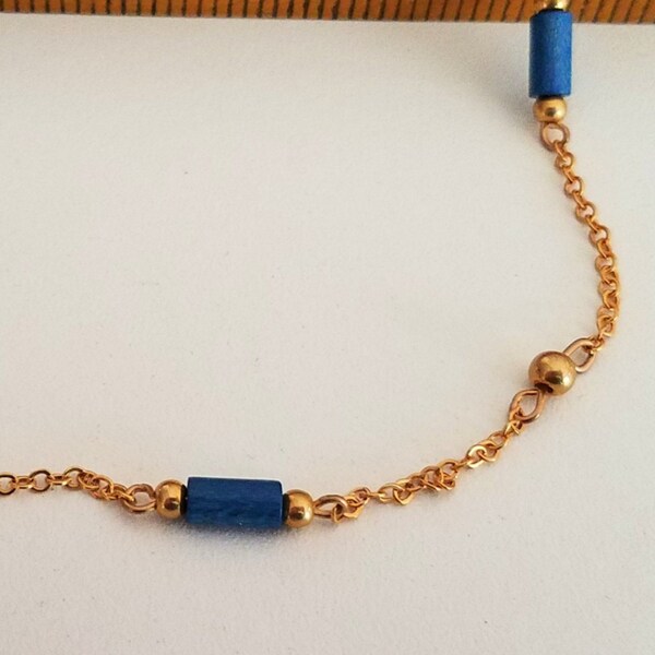 Vintage with Hang-tag KIM Craftsmen Necklace with Blue Beads on Goldtone Chain