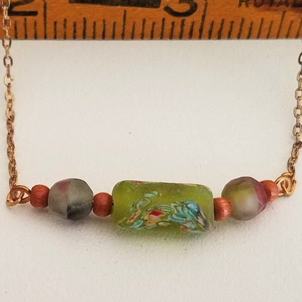 Vintage with Hang-tag KIM Craftsmen Necklace with Green Glass Beads on Goldtone Chain