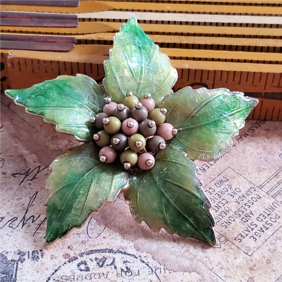 Vintage LIZ CLAIBORNE Signed Green Enamel Floral … - image 2