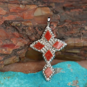 Sterling Silver Cross Coral Pendant By Dustin Bobelu