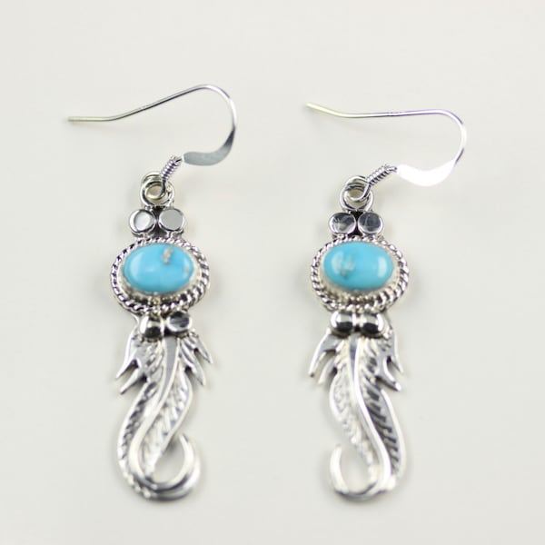 Native American Sterling Silver Earrings Feather Design With Turquoise Stone By Lee Shorty