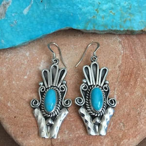 Sterling Silver Earrings Turquoise Dangle  Drop Scroll Design