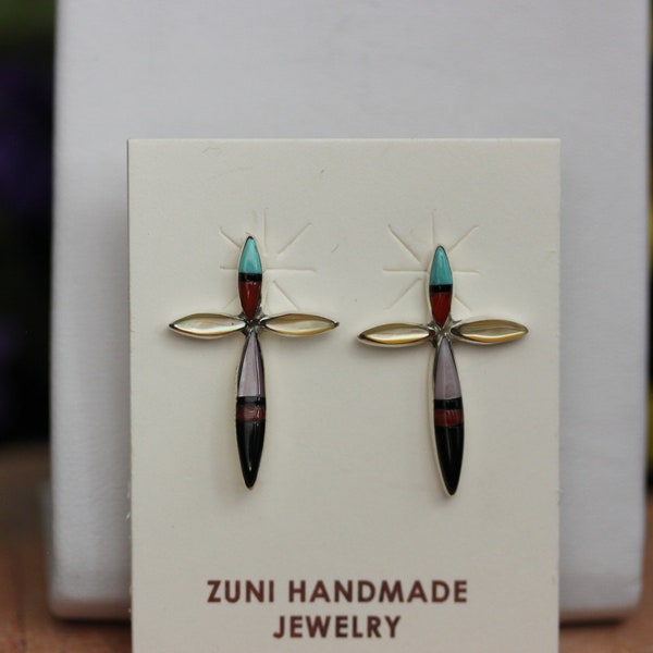 Native American Zuni Inlay Sterling Silver Cross Post Earrings