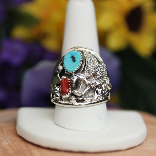 Size 10 Native American Sterling Silver Turquoise And shops Coral Eagle Ring