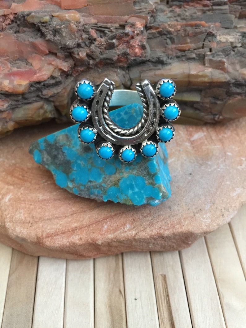 Native American Indian Jewelry Handmade Sterling Silver Turquoise Horseshoe Ring Size 12