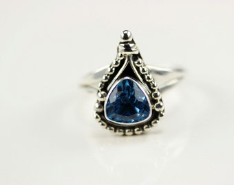 Vintage Topaz Ring Native American Navajo Blue Teardrop Topaz Floral Silver Statement Ring Etta Endito Signed 925 Sterling Silver