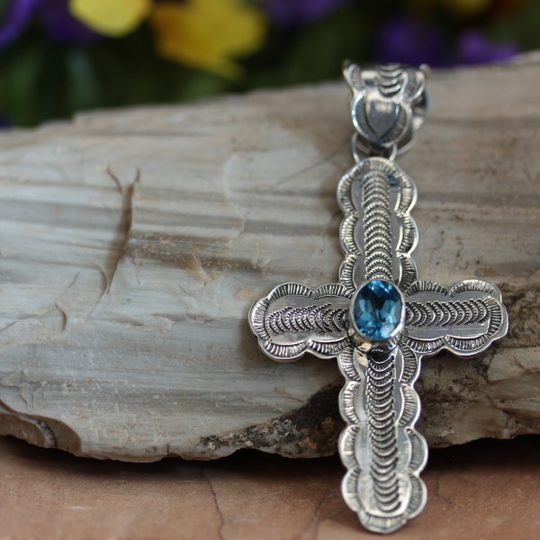 Native American Sterling Silver Cross Pendant Blue Topaz By Gilbert Smith