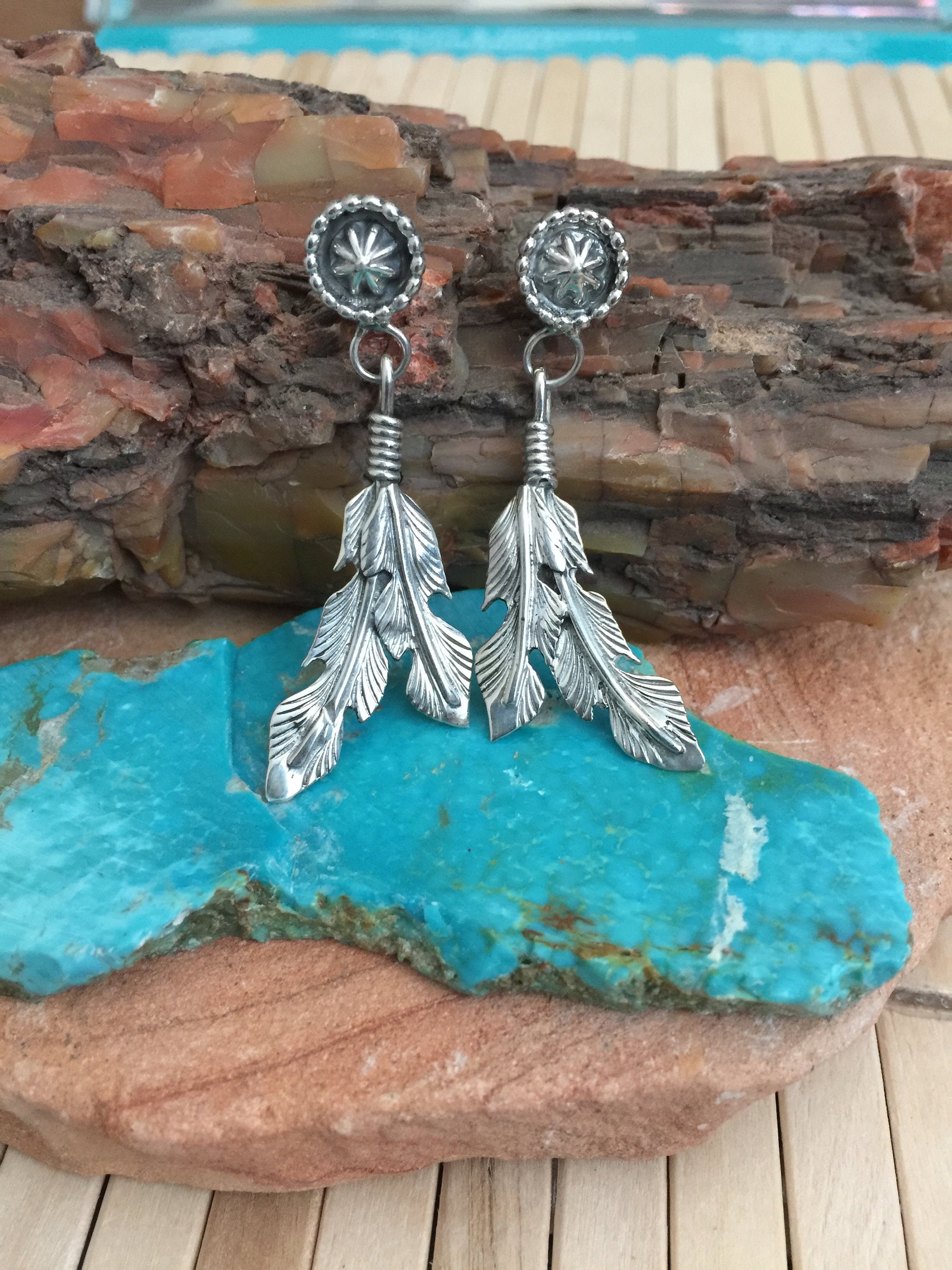 Navajo Indian Jewelry Sterling Silver Turquoise Coral Feather Earrings Shorty