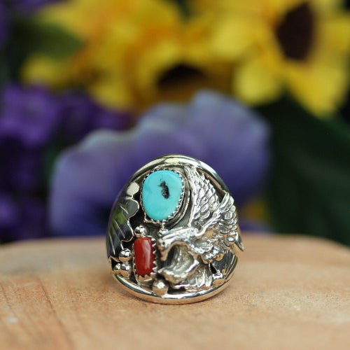 Size 10 Native American Sterling Silver Turquoise And shops Coral Eagle Ring