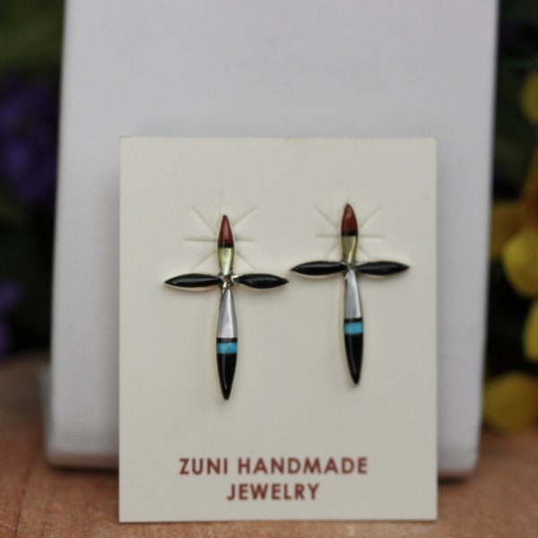 Native American Zuni Inlay Sterling Silver Cross Post Earrings