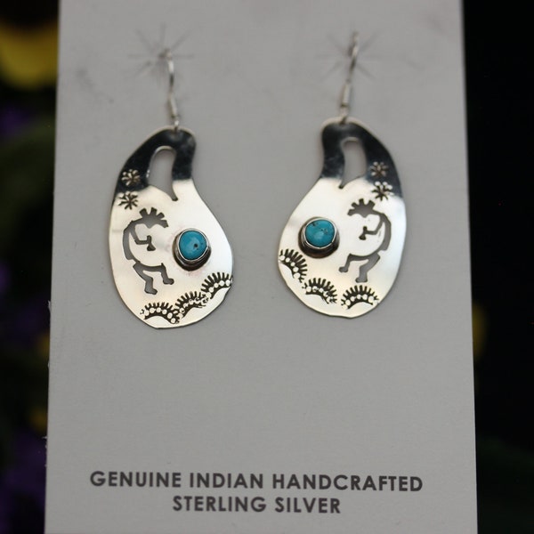 Native American Sterling Silver Turquoise Kokopelli Dangle Earrings